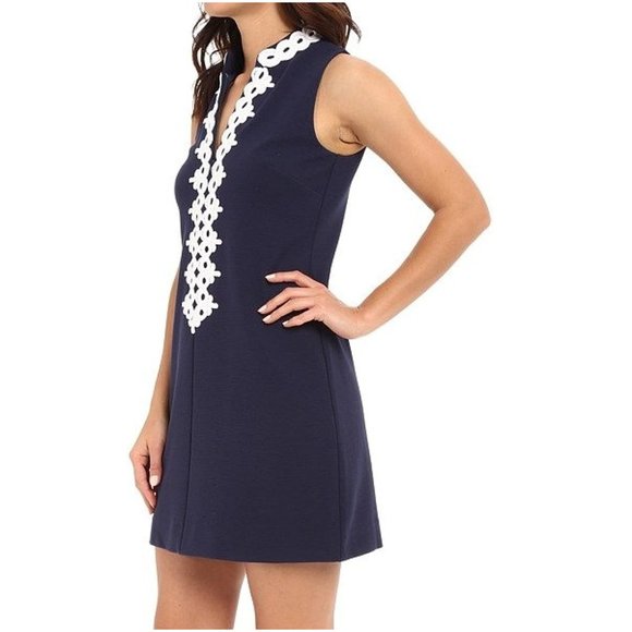Lilly Pulitzer Callista Shift Dress XL true navy blue white mini high collar zip - Picture 2 of 13